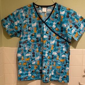 🩷Samantha Mara Scrubs Blue Top Dogs and Cats Print Size XL